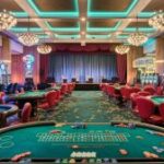 Uma foto do interior de um cassino. Existem diferentes tabelas com diferentes jogos de cassino, como roleta, blackjack e poker. Existem também máquinas caça -níqueis. As paredes são decoradas com lustres e tábuas de neon. O piso é coberto de feltro verde e está bagunçado com batatas fritas dispersas. O fundo contém um palco com uma cortina e algumas cadeiras. A imagem geral tem um tom quente.