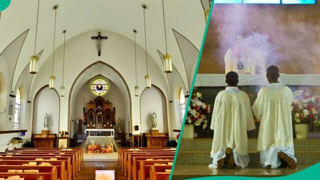 A homossexual pesada tropeçando na Igreja Católica, o altar do garoto toma bomba, revela o ano do pai reverenciado

