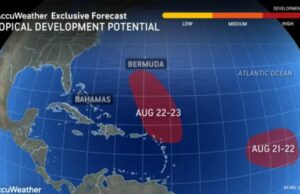A linha do tempo mostra datas em potencial para as próximas duas tempestades após o furacão Erin A linha do tempo mostra datas em potencial para as próximas duas tempestades após o furacão Erin