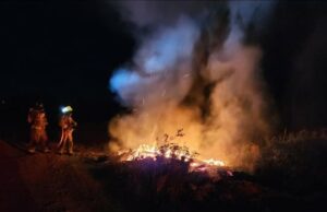 A mudança climática ‘é a cena para um comportamento mais extremo de fogo’, diz o pesquisador Dois bombeiros que lutam no final da noite.