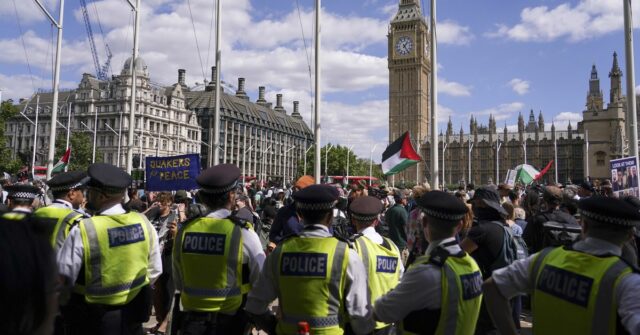 Líderes da polícia para manter o manifestante protestando para ajudar as pessoas da Palestina em Gaza na Praça do Parlamento em Londres