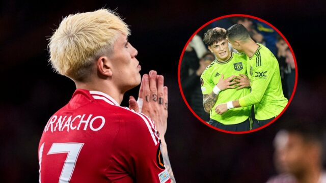Ruben Amorim e Alejandro Garnacho High Five enquanto substituem o Manchester United contra o Lyon.