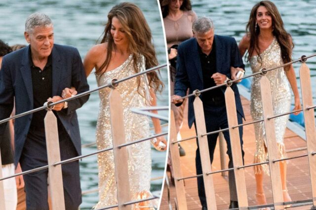 Amal Clooney sai em lantejoulas de prata em uma data de Lake Como de George

