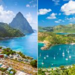 A vista da antena sobre Soufriere, Saint Lucia, mostrando a montanha Piton, a baía e a cidade.