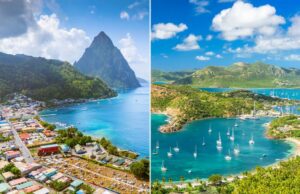 Americanos ricos nos compram silenciosamente dos programas de vistos “ouro” A vista da antena sobre Soufriere, Saint Lucia, mostrando a montanha Piton, a baía e a cidade.