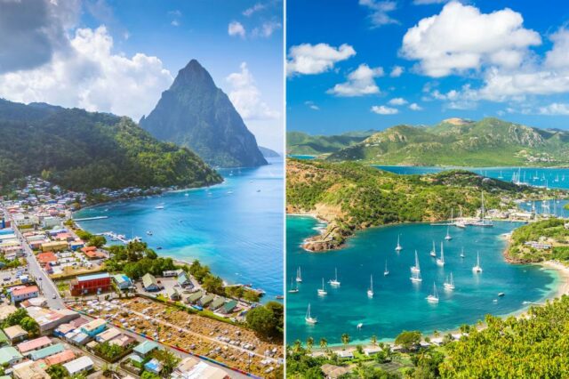 A vista da antena sobre Soufriere, Saint Lucia, mostrando a montanha Piton, a baía e a cidade.