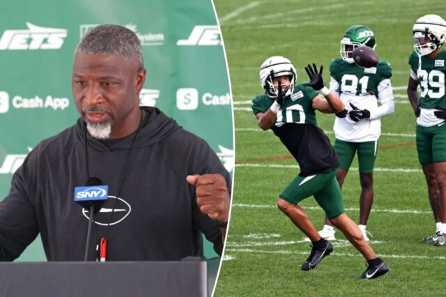 O técnico de Nova York Jets Aaron Glenn, quando os jatos de Nova York praticaram na quinta -feira, 7 de agosto de 2025.