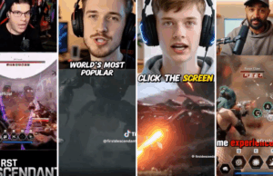 Anúncios tiktok usando influenciadores de IA para captura de videogame Esquerda: uma captura de tela do vídeo mais popular de Danielthedemon. Direita: uma captura de tela de 'The First Descendants' Tiktok AD.