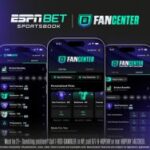 Fundo de gradiente azul escuro, com três iPhones no meio. Cada um tem o aplicativo ESPN BET e mostra um novo hub especial.