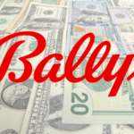 Bally Q2 2025 Groeifrougten Bold 'Bally's 2.0' Transformação. O logotipo de Red Bally em cima do fundo de dólares.