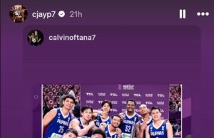 Calvin ofana está brincando sobre CJ Perez como Gilas Quarters Gilas Pilipinas celebra sua vitória contra a Arábia Saudita na Copa Asiática de 2025 da FIBA.