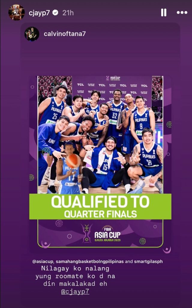 Gilas Pilipinas celebra sua vitória contra a Arábia Saudita na Copa Asiática de 2025 da FIBA.