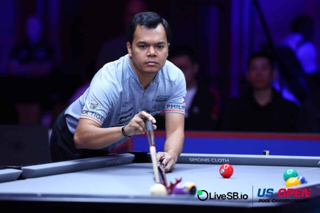 Carlo Biado em ação durante o US Open Pool Championship 2025