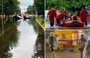 Centenas de vôos foram adiados e milhões de americanos permanecem sob inundações porque fortes libras de chuva no meio do oeste Centenas de vôos foram adiados e milhões de americanos permanecem sob inundações porque fortes libras de chuva no meio do oeste
