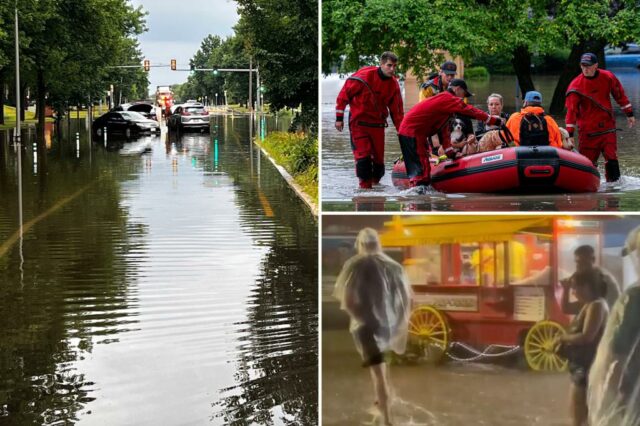 Centenas de vôos foram adiados e milhões de americanos permanecem sob inundações porque fortes libras de chuva no meio do oeste

