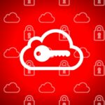 An illustration of a key over a cloud icon, background of cloud and lock icons.