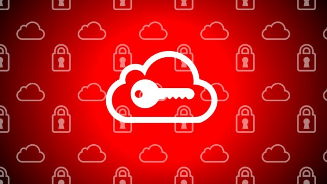 An illustration of a key over a cloud icon, background of cloud and lock icons.