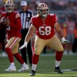 O Colton McKivitz (68), de San Francisco 49ers, pratica no sistema prático de San Francisco 49ers em Santa Clara, Califórnia, na quarta -feira, 11 de junho de 2025. (Dai Sugano/Bay Area News Group)