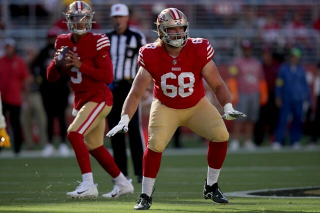 O Colton McKivitz (68), de San Francisco 49ers, pratica no sistema prático de San Francisco 49ers em Santa Clara, Califórnia, na quarta -feira, 11 de junho de 2025. (Dai Sugano/Bay Area News Group)