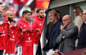 Como o homem Utd poderia arrecadar “fundos significativos” depois de assinar Matheus Kuna, Brian Mbumo e Benjamin Sesso, “eles podem …” Novas assinaturas Brian Mbumo, Benjamin Sesso, Diego Leon e Matheus Kunya posam para uma foto enquanto seguram camisas para partidas antes da partida amigável da pré -temporada entre o Manchester United e o Old Trafford Fiorentina em Manchester, Inglaterra.