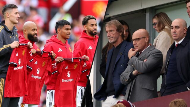 Novas assinaturas Brian Mbumo, Benjamin Sesso, Diego Leon e Matheus Kunya posam para uma foto enquanto seguram camisas para partidas antes da partida amigável da pré -temporada entre o Manchester United e o Old Trafford Fiorentina em Manchester, Inglaterra.