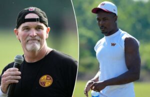 Como os comandantes assistem ao deslumbrante solicitação do Terry McLaurin Trade Dan Quinn, o principal treinador dos comandantes de Washington, falando com o microfone.