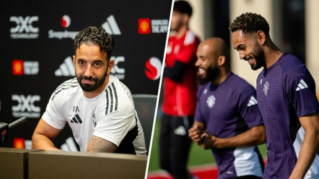 Brian Mbumo e Matheus Kunha em ação durante a sessão de treinamento em Manchester em Manchester como parte de sua turnê de pré -temporada nos Estados Unidos no Endeavor Health Results Center em 2025 em Chicago, Illinois.