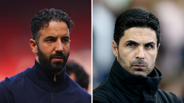 Os gerentes do Manchester United e do Arsenal Ruben Amerh e Michel Arteta.