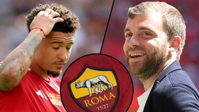O alvo da Roma Jadon Sancho reagiu depois de perder um pênalti durante o tiroteio da FA Community Shield 2024 entre o Manchester United e o Manchester City no estádio do estádio 