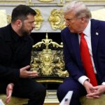 O presidente Donald Trump e o presidente ucraniano Volodymyr Zelensky se reúnem no escritório oval da Casa Branca hoje
