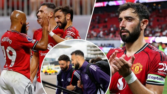 Bruno Fernandez celebra seus companheiros de equipe depois de marcar durante a partida da Premier League Summer Series entre o Manchester United e o Everton no Mercedes-Benz Stadium em 2025 em Atlanta, Geórgia.