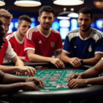 Emmanuel Clase, Gilbert Arenas e a ascensão do jogo esportivo é a cultura de jogos de azar para alcançar - pró -atletas. Um grupo de jovens atletas do sexo masculino em camisas de futebol está em torno de uma mesa de pôquer no estilo de cassino, ocupada com um jogo, com Pokermips e cartas para eles sob luzes aéreas claras.