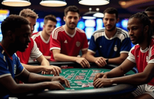 Emmanuel Clase, Gilbert Arenas e a ascensão do jogo esportivo: a cultura de jogos de azar está alcançando pró -atletas? Emmanuel Clase, Gilbert Arenas e a ascensão do jogo esportivo é a cultura de jogos de azar para alcançar - pró -atletas. Um grupo de jovens atletas do sexo masculino em camisas de futebol está em torno de uma mesa de pôquer no estilo de cassino, ocupada com um jogo, com Pokermips e cartas para eles sob luzes aéreas claras.