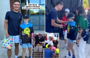 Estados Unidos Open Hat Snatcher determinado como diretor executivo polonês- como celebridade de tênis Kamil Majchrzak consulta com Kid O tenista Kamil Majchrzak com um jovem fã.