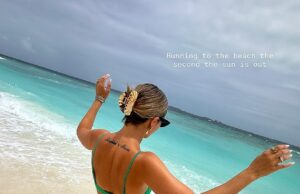 Frankie Bridge mostra seu fundo de pêssego em um pequeno biquíni verde enquanto ela está aprendendo em torno das Maldivas no meio de “Fejd” com a aula de myleene Carreçando Frankie Bridge, 36, mostrou linhas de pêssego e bronzeado em um pequeno biquíni verde enquanto usava as Maldivas, no Instagram -Snaps que ela compartilhou na quinta -feira