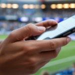 Uma foto que se concentra nas mãos de um adolescente que gentilmente segura um telefone celular. As mãos estão levemente desgastadas com algumas sardas vagas, e as unhas são cuidadosamente aparadas com um esmalte rosa claro, onde o telefone está preso com confiança descontraída. A tela do telefone está deliberadamente vazia e reflete a luz ambiente, com um fundo embaçado de uma arena esportiva movimentada cheia de fãs aplaudindo e luzes chamativas. Uma luz macia e difusa ilumina a cena e enfatiza a textura da pele e os detalhes sutis do telefone. Gen Z e Gambling: A primeira geração de apostas esportivas online