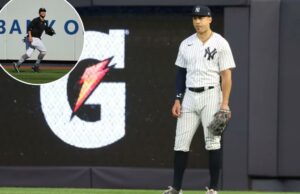 Giancarlo Stanton retorna ao campo externo pela primeira vez em quase dois anos, quando os Yankees estão tentando responder Giancarlo Stanton #27 em campo durante o jogo dos Yankees.