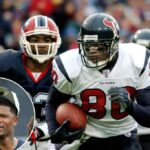Andre Johnson (#80) com o Houston Texans correndo com futebol, perseguido pelo jogador Buffalo Bills.