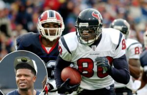 Hall da fama Andre Johnson Ring foi roubado na casa de roubo Andre Johnson (#80) com o Houston Texans correndo com futebol, perseguido pelo jogador Buffalo Bills.