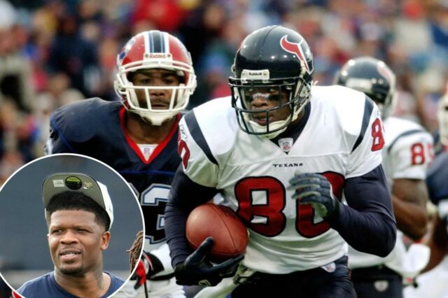 Andre Johnson (#80) com o Houston Texans correndo com futebol, perseguido pelo jogador Buffalo Bills.