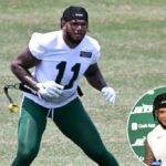 O linebacker do Jets Jermaine Johnson fala com a mídia em Minicamp, Florham Park, NJ.