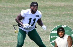 Jertine Johnson foi a primeira vez para decepcionar os jatos pela primeira vez desde Aquiles Long O linebacker do Jets Jermaine Johnson fala com a mídia em Minicamp, Florham Park, NJ.