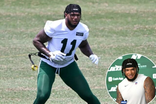 O linebacker do Jets Jermaine Johnson fala com a mídia em Minicamp, Florham Park, NJ.