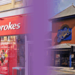 Imagem composta com uma loja de jogos de azar Ladbrokes à esquerda e um salão de bingo de gala à direita, separado por um gradiente roxo.