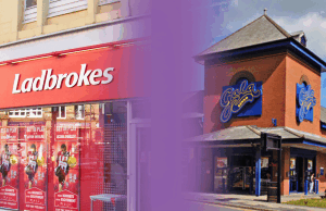 Jogadores de bingo on -line dizem que a Flitch Fallout está se espalhando mais que a gala Imagem composta com uma loja de jogos de azar Ladbrokes à esquerda e um salão de bingo de gala à direita, separado por um gradiente roxo.