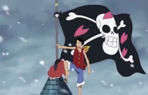“Luffy, que inspirou as pessoas no mundo real, até as pessoas- os fãs de One Piece ficam chocados com o uso da bandeira de chapéu de palha na Indonésia Como visto no anime, Luffy (imagem através da animação da Toei)