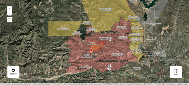 Maps Shows Where Canyon Fire é queimado no sul da Califórnia

