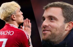 “Mas acredite em mim” … Fabrizio Romano quebra o completo “nos bastidores” detalhes sobre o homem “muito ativo” da Utd utsca Os alvos de Chelsea Alejandro Garnacho reagiram durante as finais da Liga Europa entre o Tottenham e o Manchester United no San Mams Stadium em 2025 em Bilbao, Espanha.