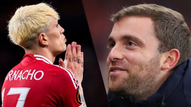Os alvos de Chelsea Alejandro Garnacho reagiram durante as finais da Liga Europa entre o Tottenham e o Manchester United no San Mams Stadium em 2025 em Bilbao, Espanha.
