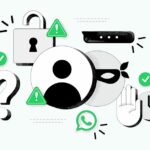A Meta apresenta novas ferramentas para ajudar a identificar mensagens fraudulentas no WhatsApp | Gráficos promocionais em estilo de desenho animado com cadeados e uma figura mascarada